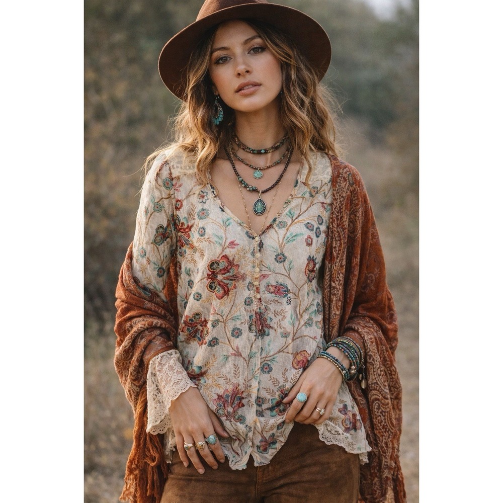 Denim & Supply Ralph Lauren Women Top M Floral Boho Festival Lace Boho Peasant